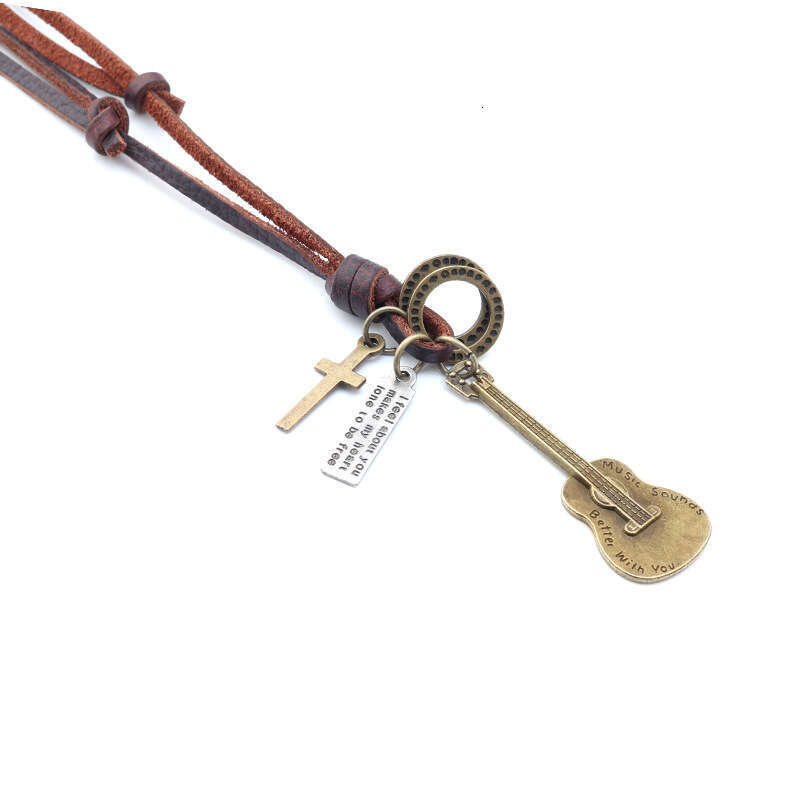 Manlia Electric Guitar Leather Cord Artistic Handmade Personality Necklace Sweater Chain Versatile