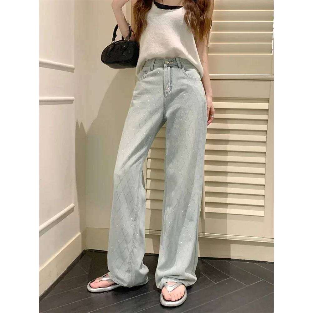 Women Blue Baggy Plaid Jeans Vintage Y2k Cowboy Pants Haruku Aesthetic Denim Trousers Trashy Japanese 2000s Style Clothes 2024