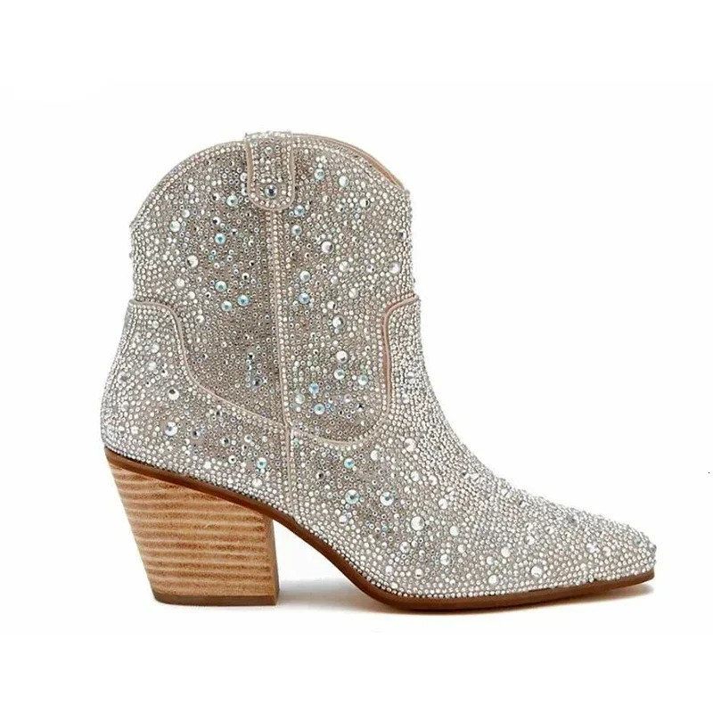 Western Cowboy Boots Fashion Women Ankle Boots Glitter Bling Shiny Trend High Heels High Quality Shoes Botas De Mujer 250809