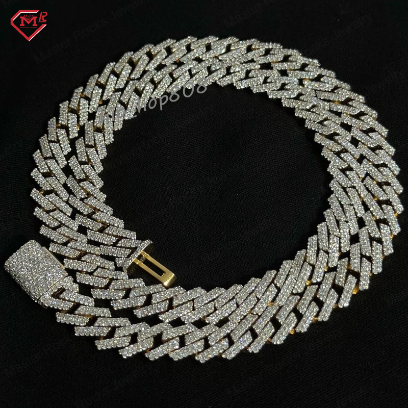 Iced Out Hip Hop 2 Rows Cuban 12mm 925 Sterling Silver VVS Diamond Moissanite Cuban Link Chain for Men