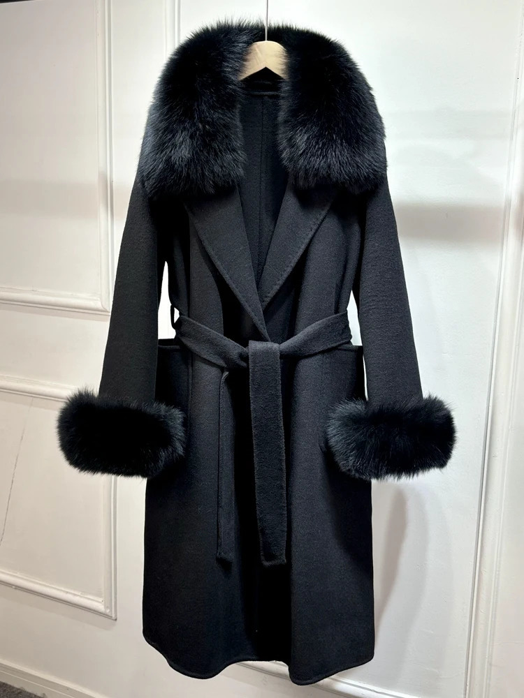 Janveny Fox Fur Coat Autumn Winter Jacket Women Wool Blends Coats Belt Cuffs Warm Fashion Woolen Streetwear 250811