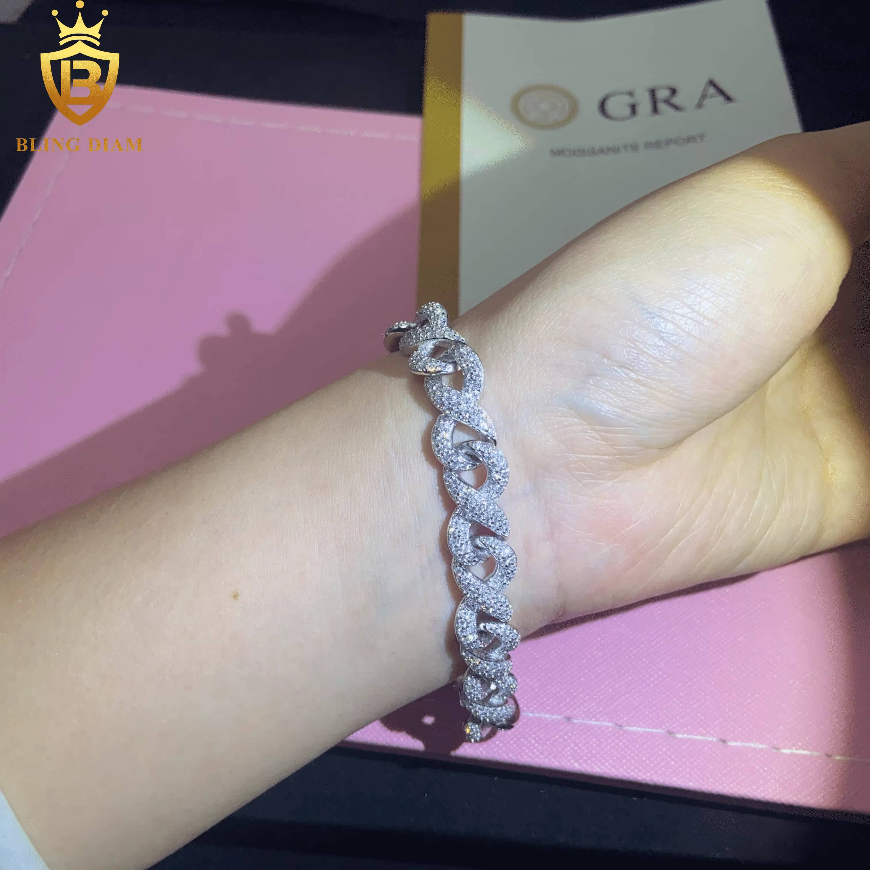 New Design Fashion 925 Eight-Character Chain Moissanite Cuban Bracelet Men Women Hip Hop Style Pass Diamond Tester 10mm with GRA