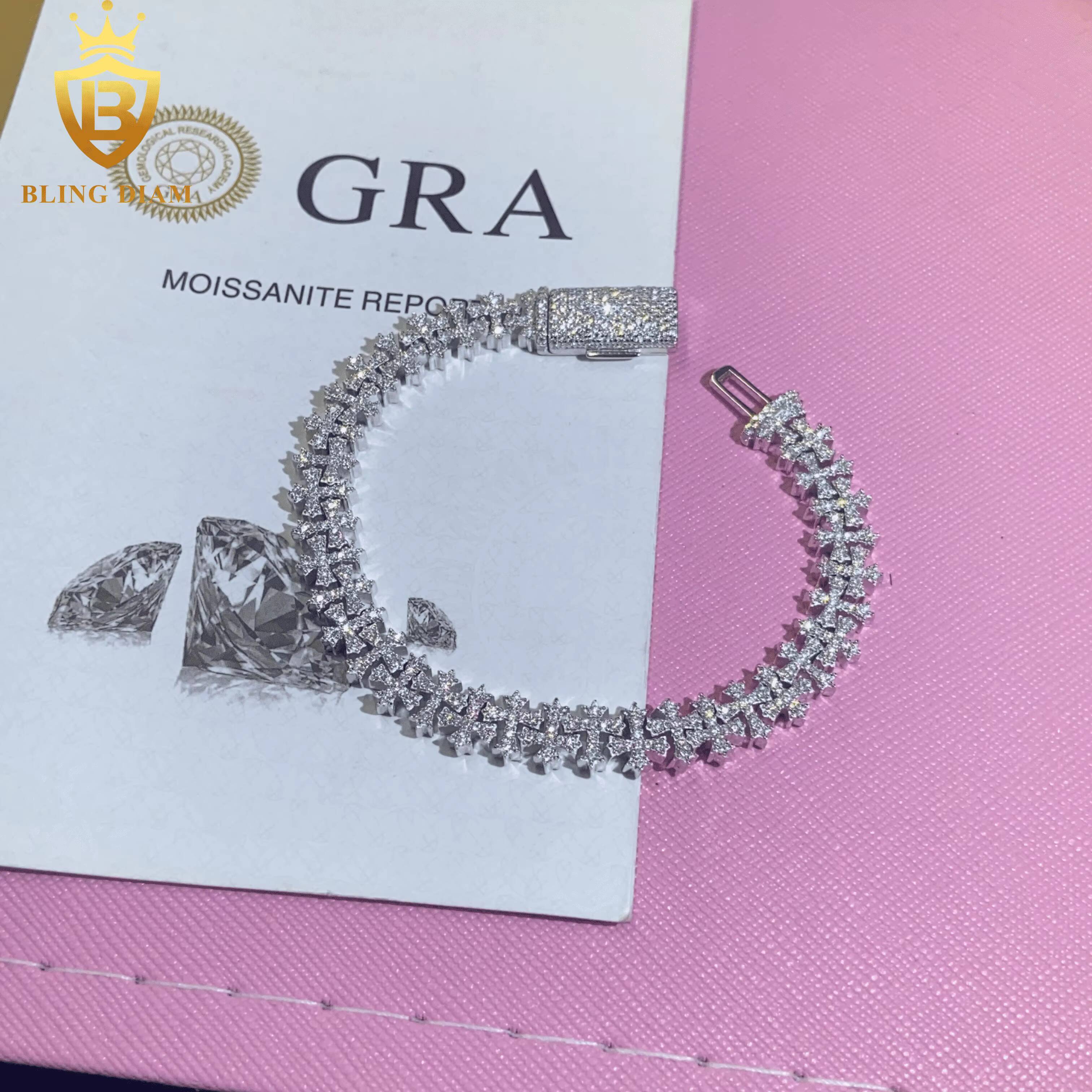 New Design Fashion 925 Sterling Silver 8.5mm Chain Moissanite Cuban Bracelet Men Women Cross Bracelet Hip Hop Style with GRA