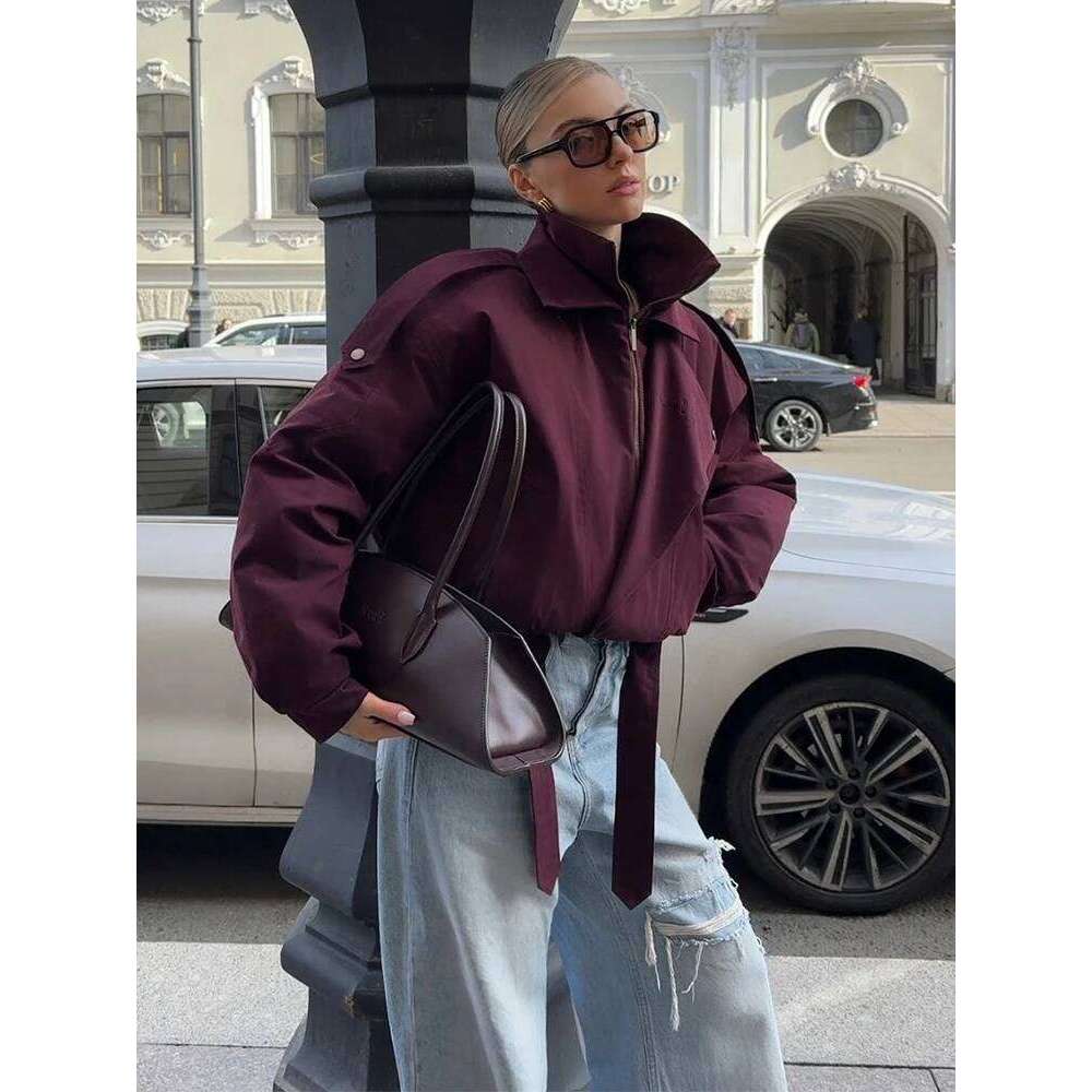 Fashion Bury Zipper Bomber Jacket Women Loose Stand Collar Button Long Sleeve Pocket Short Coat Lady Street Outerwear 2025