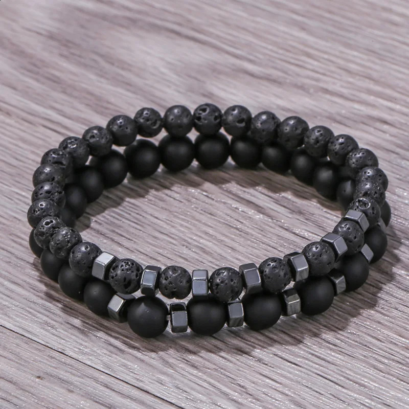 In Frosted Black Bead Volcanic Stone Mens Bracelet Set Double Layer Nature Stone Beaded Bracelets Gifts 250812