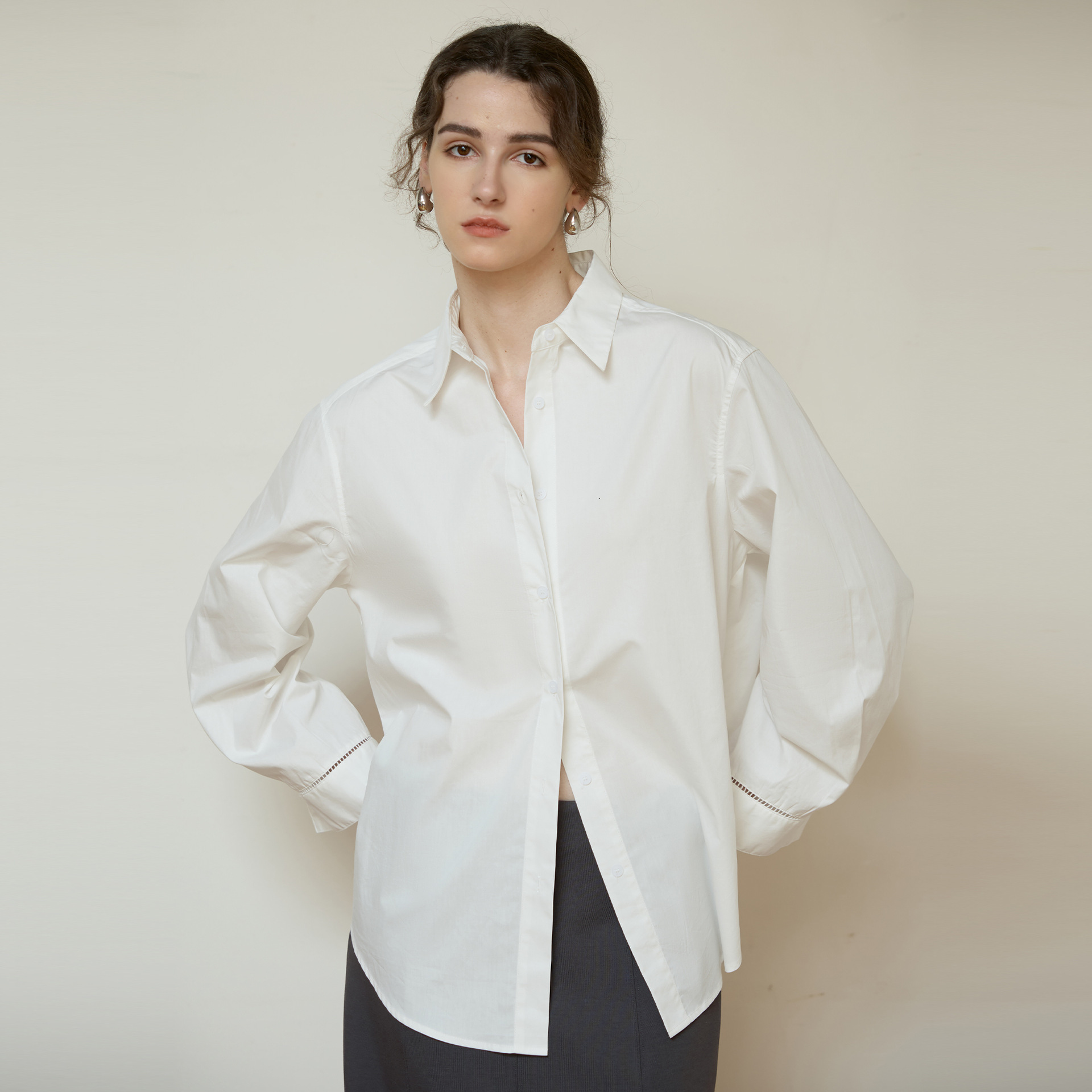 Autumn Winter New Pure Cotton Long Sleeve Shirt for Women French Lazy Style Hollow Design Top Mid-Length Versatile Blouse