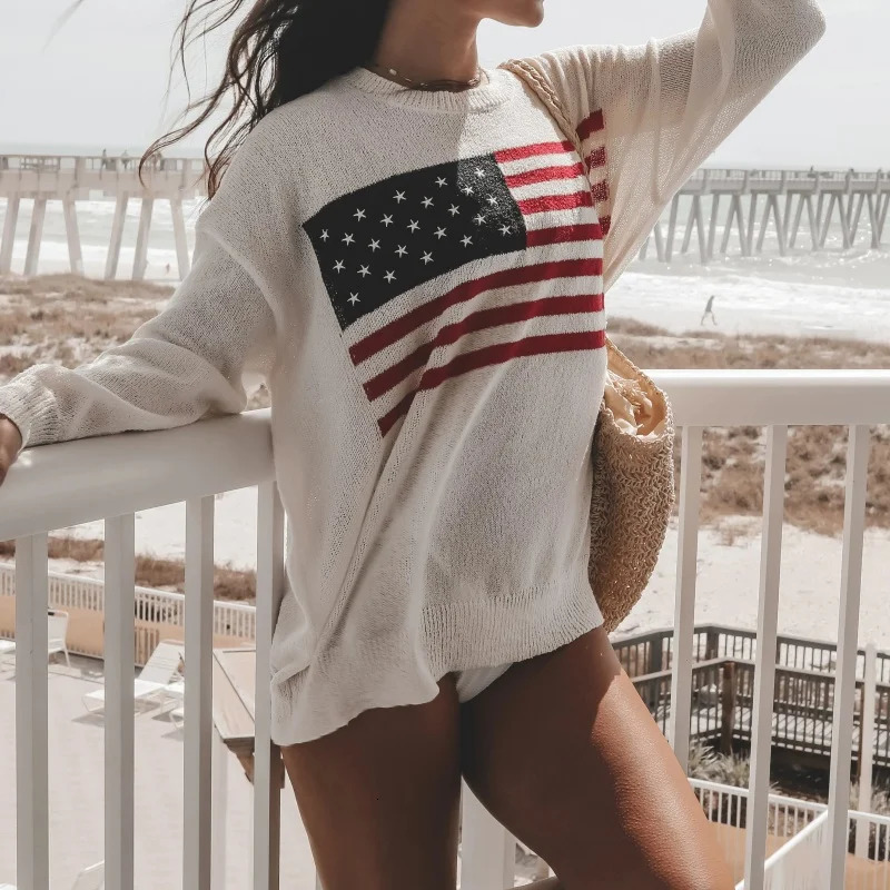 Women American Flag Sweater Loose Fit Long Sleeve Knit Pullover Tops Y2k Vintage 4th of July Hollow Out Jumper Top Streetwear 250808