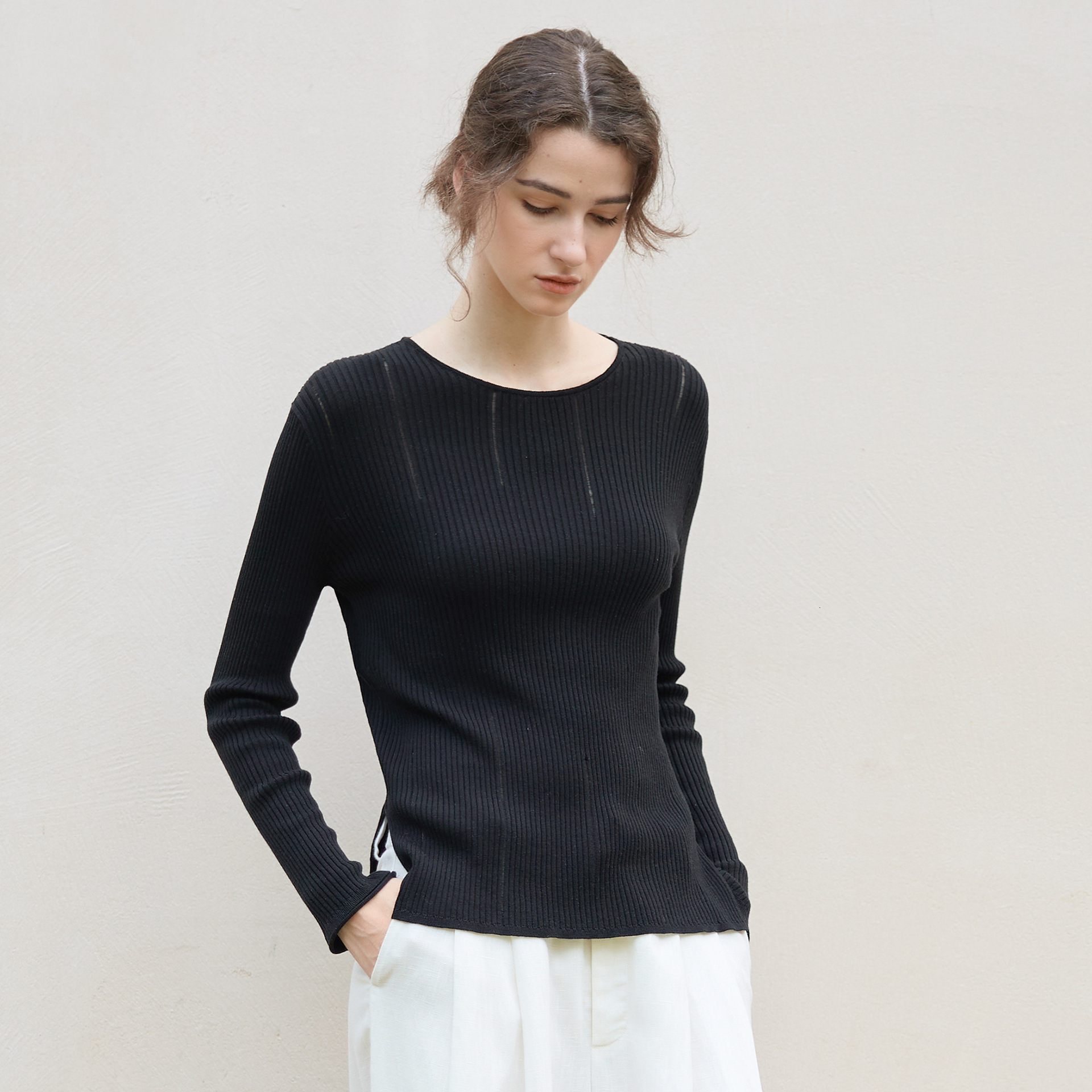 Tencel Wool Warm Long Sleeve Base Shirt Hollow Side Slit Design Knitted Sweater for Women Autumn Winter New Inner Wear