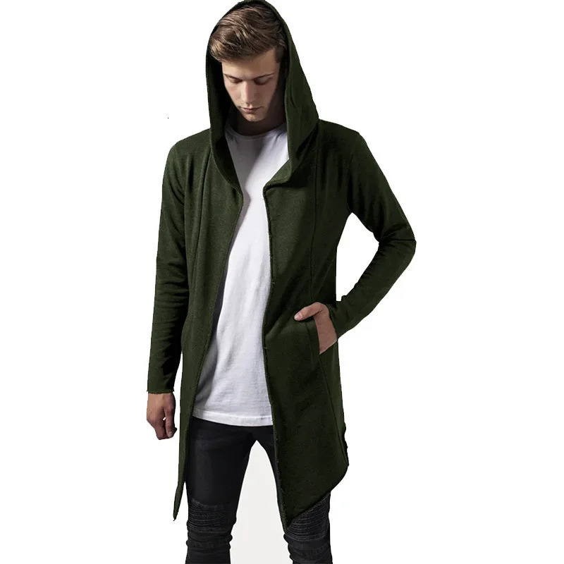 Mens Hooded Cardigan Trench Coat Streetwear Solid Color Windbreaker with Hood AutumnWinter Jackets Men 250814