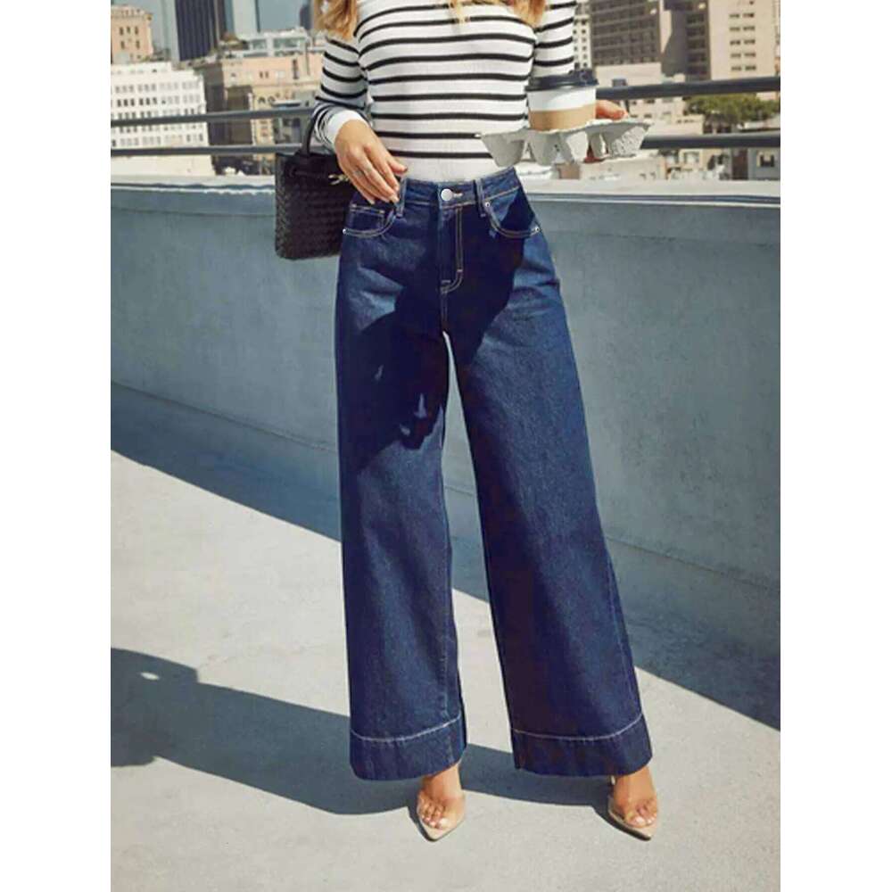 2025 New Summer Women's High Waist Wide Leg Jeans - Classic dark blue washed stretch jeans with button fly for an elegant style.