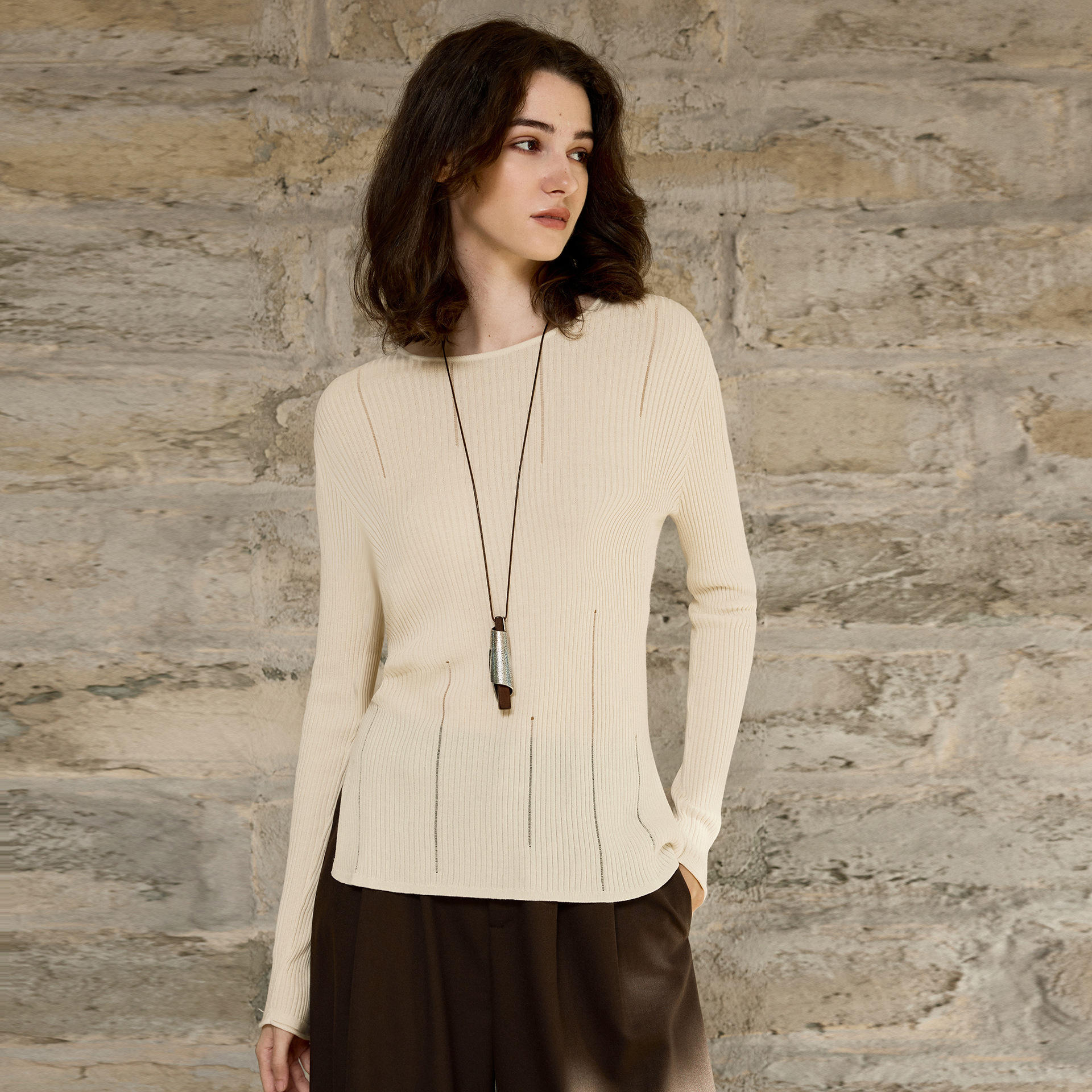 Tencel Wool Warm Long Sleeve Base Shirt Hollow Side Slit Design Knitted Sweater for Women Autumn Winter New Inner Wear