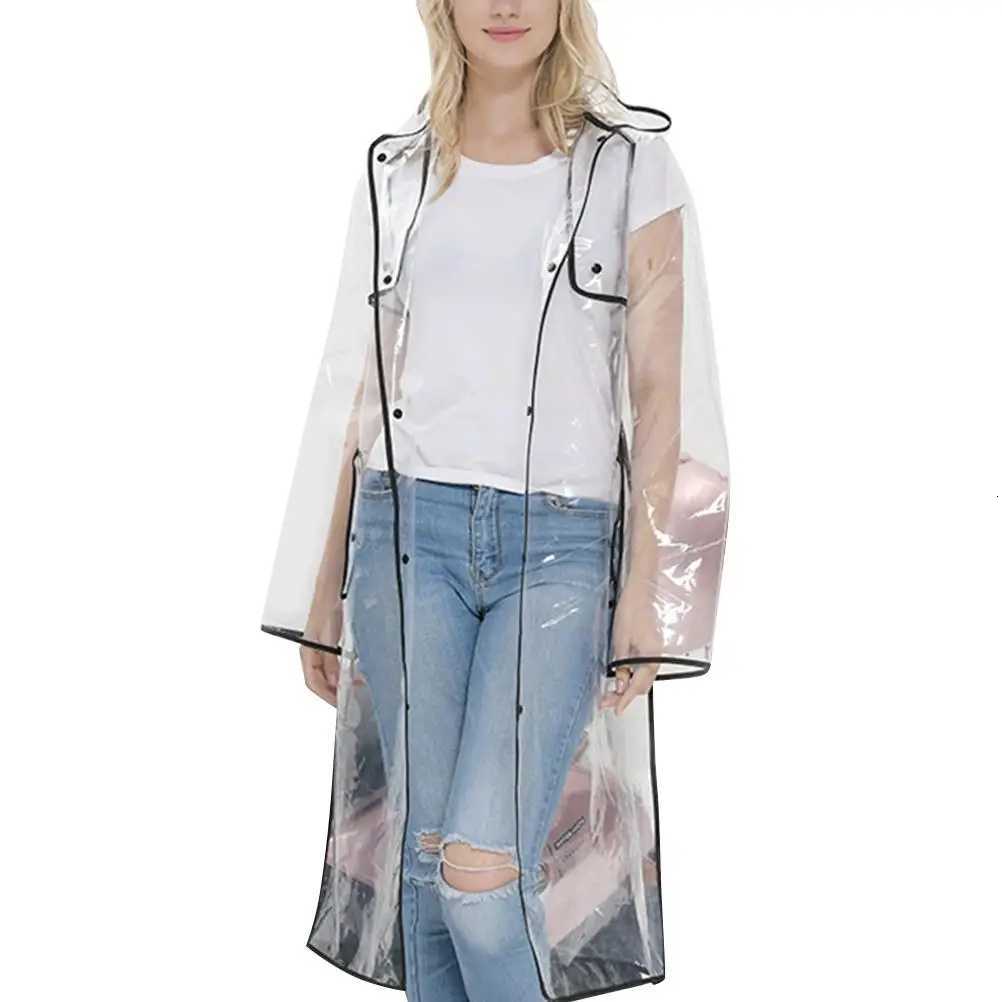 Eco EVA Black Raincoat Lightweight Transparent Hooded Women Slicker Mid Long Outdoor Cycling Rainwear WindPROof Y250814