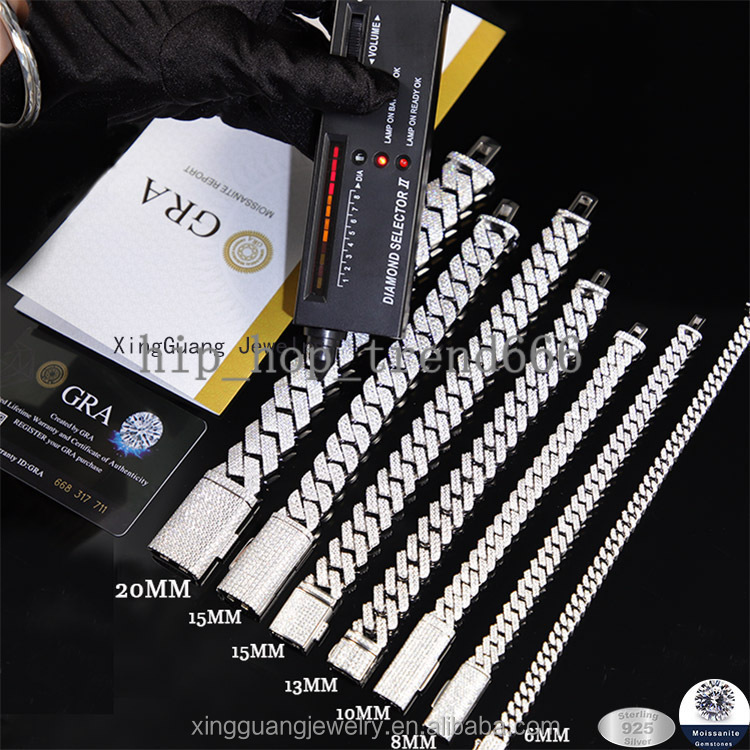 Pass the Diamond Tester 6mm~20mm Wide Gold 925 Sterling Silver D Color VVS Moissanite Diamond Cuban Link Men Bracelets