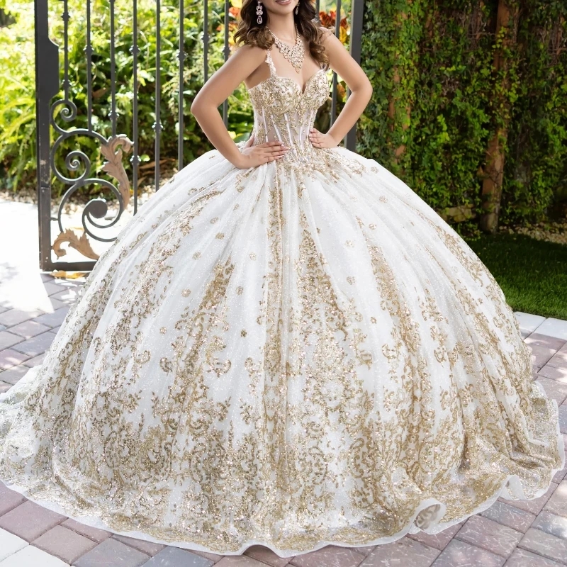 Champagne Shiny Ball Gown Quinceanera Dresses Spagheti Strap Sequin Applique Lace Beads Tull With Cape Party Birthday Vestidos
