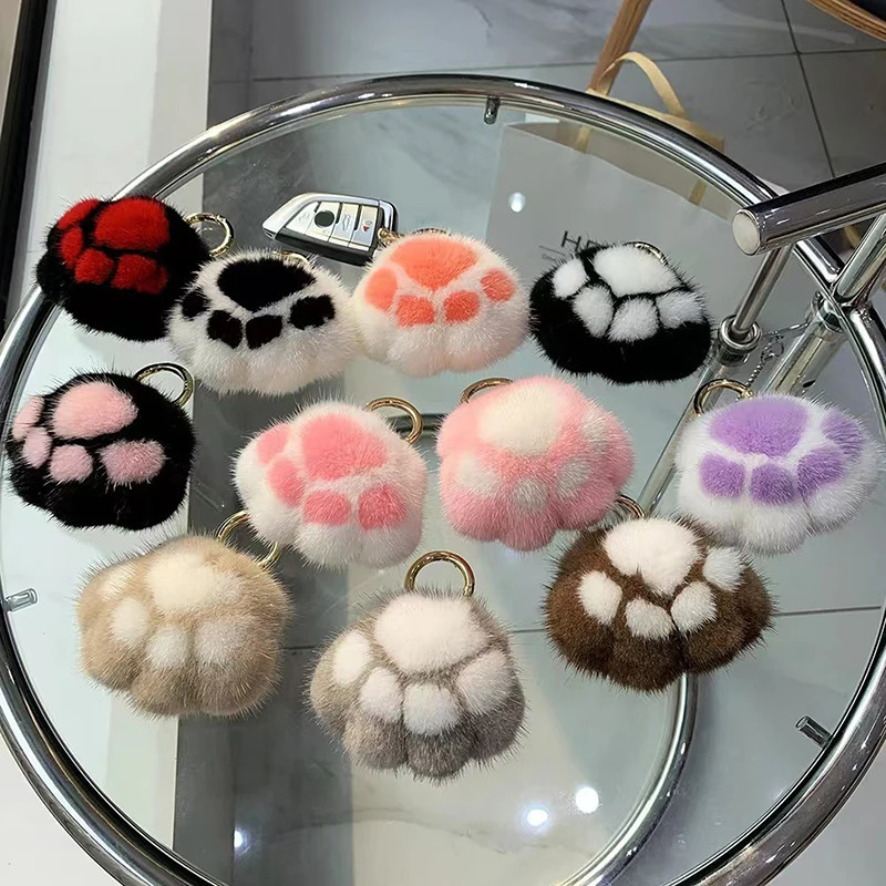 Pink Black Fluffy Cat Paw Keychain Hair Pompon For Women Girls Cute Pendant Car Key Ring Bag Decor 250804
