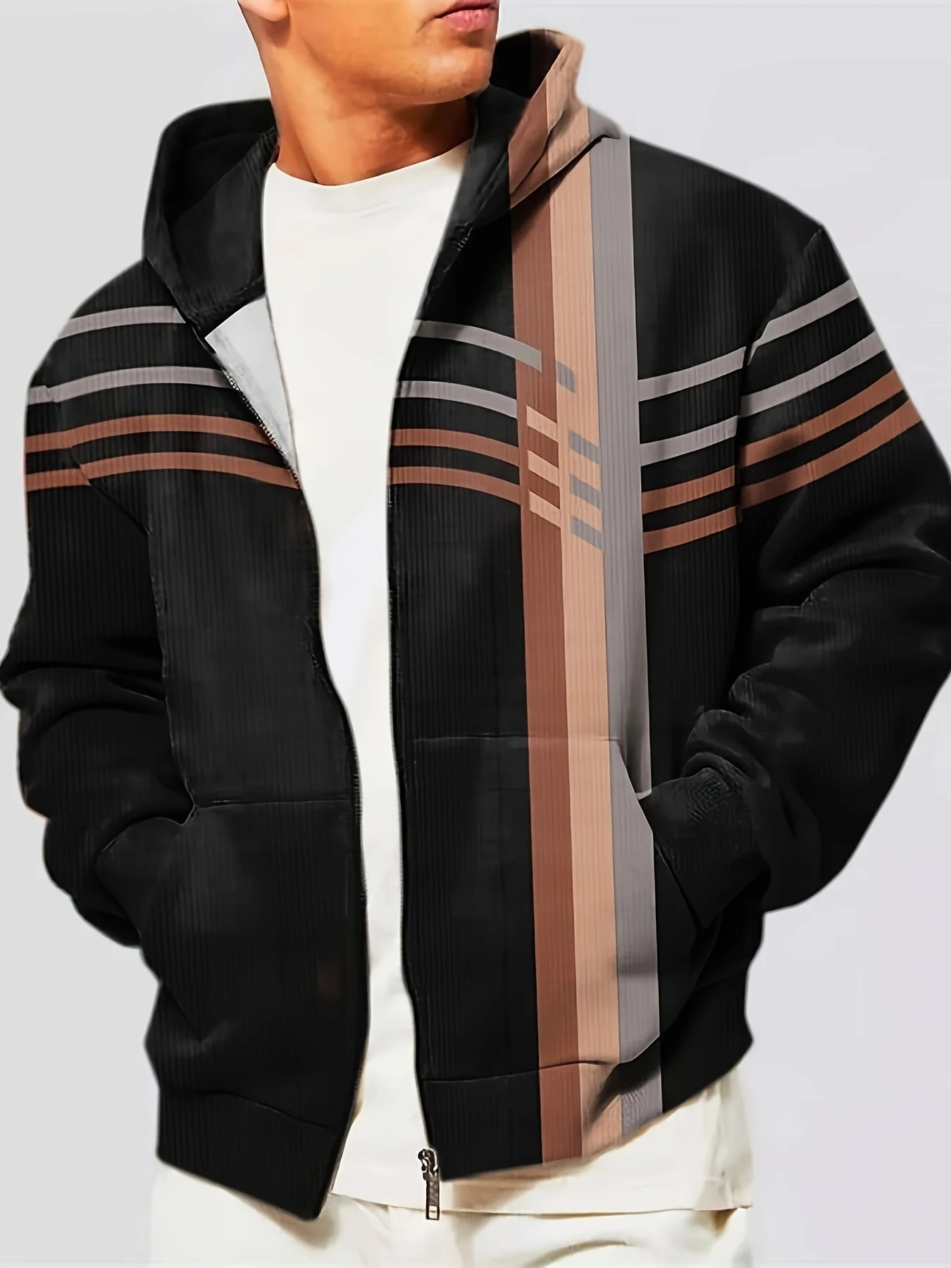 Mens Plus Size Digital Print Color Block Casual Hooded Jacket With Pockets Zipper Lapel Shirt Outdoor Fashion Tops 250814