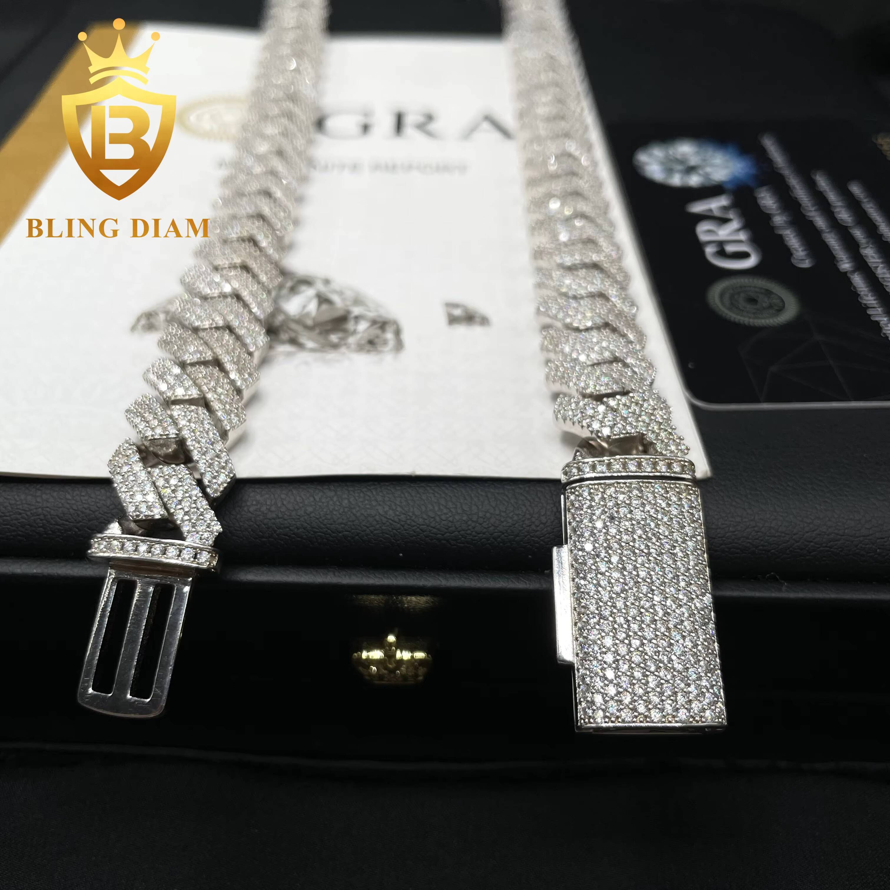 Wholesale Price 14mm Hip Hop Jewelry Diamond GRA Certified Moissanite Iced Out Cuban Link Chain S925 Necklace