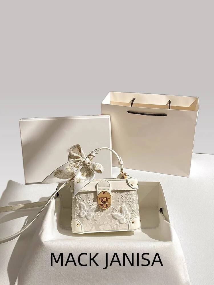 Popular Newly Trendy Cosmetic Square Handbag For Banquet Dating Women And Floral Butterfly Lace Shoulder Bag
