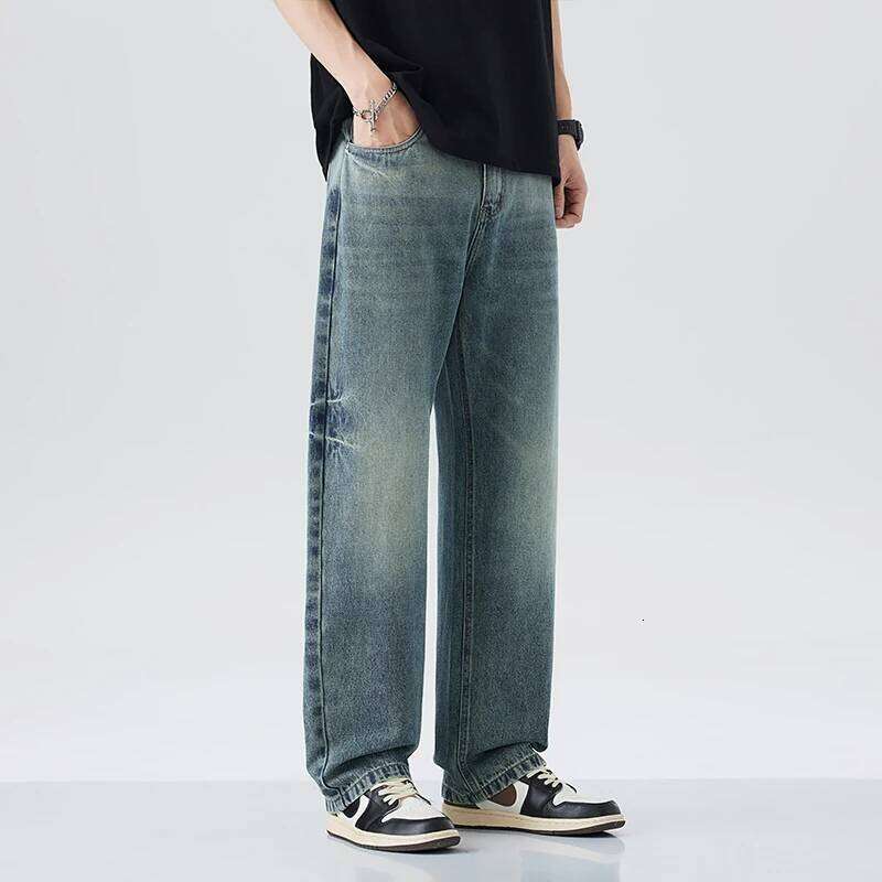 2025 summer new jeans men's loose straight tube soft pants fashionable retro solid color distressed comfortable denim pant