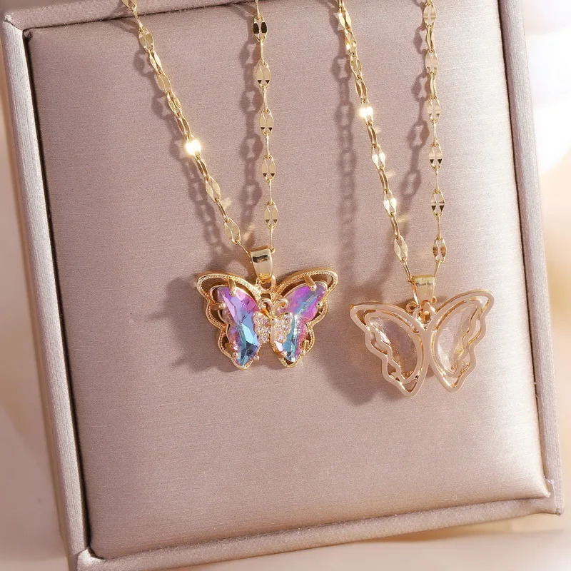 Trendy Zircon Butterfly Pendant Necklace for Women Girls Stainless Steel Clavicle Chain Female Elegant Party Jewelry 250811
