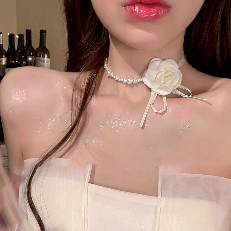 Camellia Flower Pearl Choker Necklace for Women, Collarbone Chain, Neckband, Floral Accessory