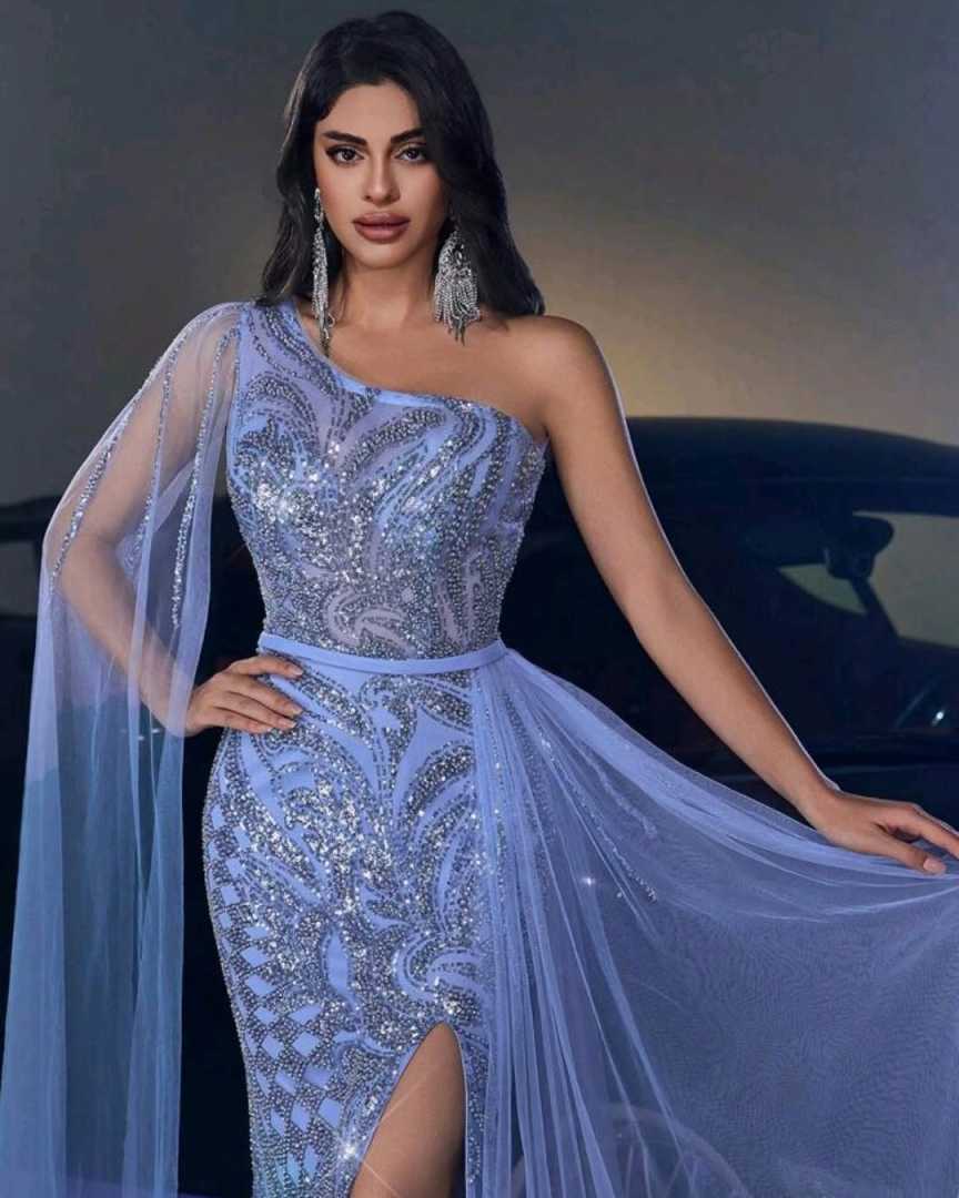 Stylish Mermaid Evening Dresses One Shoulder Sleeveless Side Split Sequins Crystal Prom Dress Detachable Train Party Gowns Vestidos De Noche