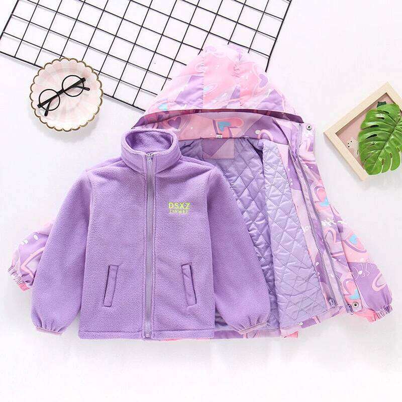 Waterproof Hooded Coat Kids Cartoon Girls Lovely Warm Removable Fleece Lined Jacket Cotton Padded Cothes Children Outfit Xmp95