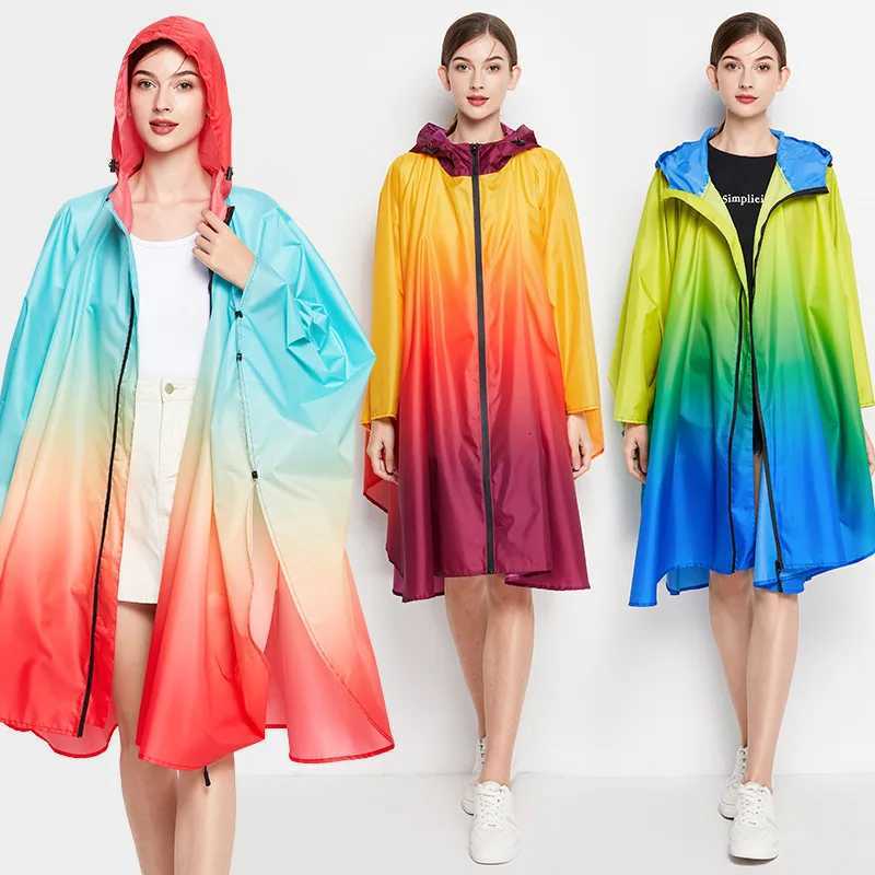Big Size Women Gradient Color Raincoat Lightweight Rain Coat Poncho Ladies Waterproof Cloak Raincoats Adults Colorful Rainwear Y250814