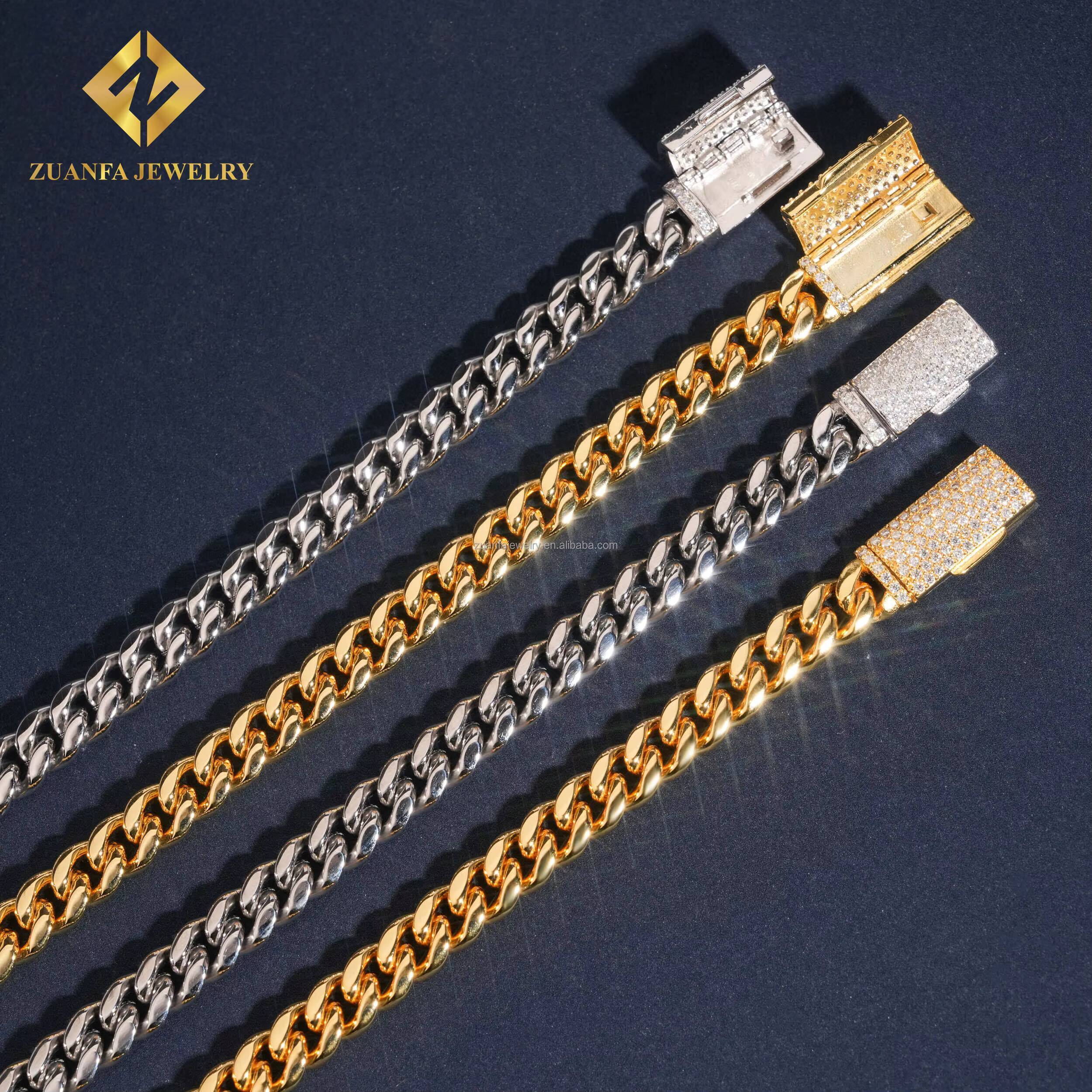 Hot Selling 8mm Iced Out Man Hip Hop Jewelry 14k Gold Plated 316L VVS1 Moissanite Diamond Miami Plain Chain Cuban Link Chain