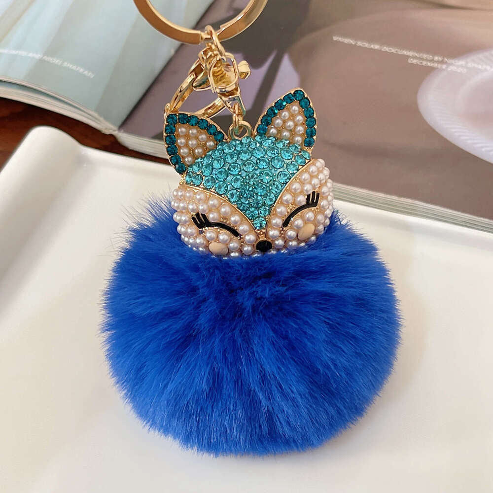 Korean Version Dia-Studded Fox Head Rabbit Fur Ball Alloy Keychain Fashion Bag Pendant Car Accessory Ornament