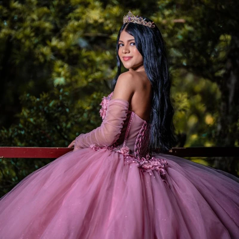 Pink Princess Sweet 16 Dress Quinceanera Dresses Off The Shoulder Applique Flower Beading Crystal Tull Corset Party Birthday Vestido De 15 Anos