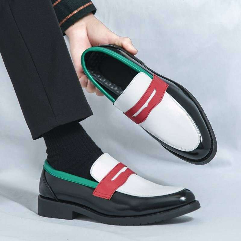 New Fashionable Black And White Color-blocking Business Casual Loafers Leather Pointed Toe Men's Banquet Dress Wedding Shoes
