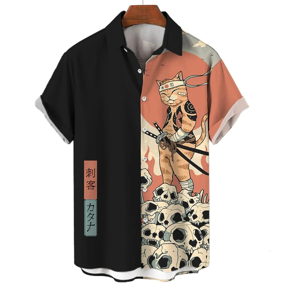 Fashion Mens Clothing Cool Samurai Cat Tops Summer Casual ShortSleeved Anime Loose Blouse Hawaiian Shirts 250804