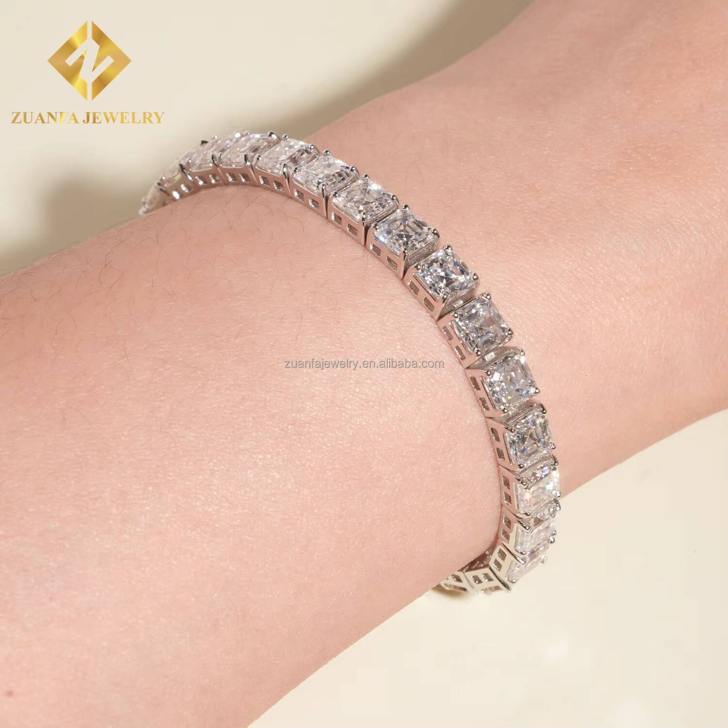 New Design Elegant Female Style Iced Out Hip Hop Jewelry S925 Silver Asscher Moissanite Diamond Cluster Tennis Chain Bracelet
