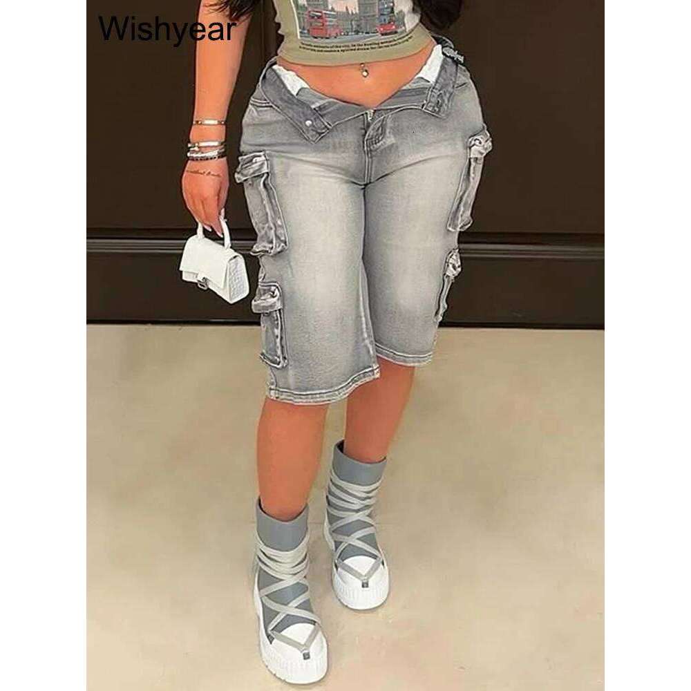Fashion Washed Blue Denim Wide Leg Pants Women Casual Multi-pocket Loose Streewwear Boyfriend Short Mid Jeans Bottoms Clubwear