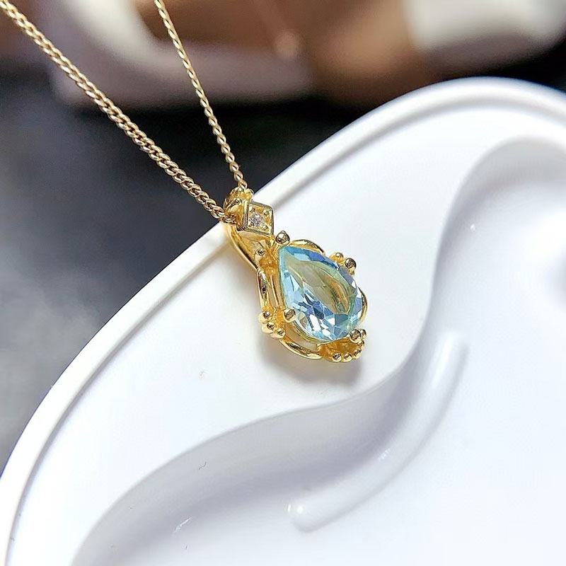 Solid 925 silver necklace pendant natural topaz pendant 6mm*8mm genuine light blue topaz jewelry 18K gold plated gemstone jewelry