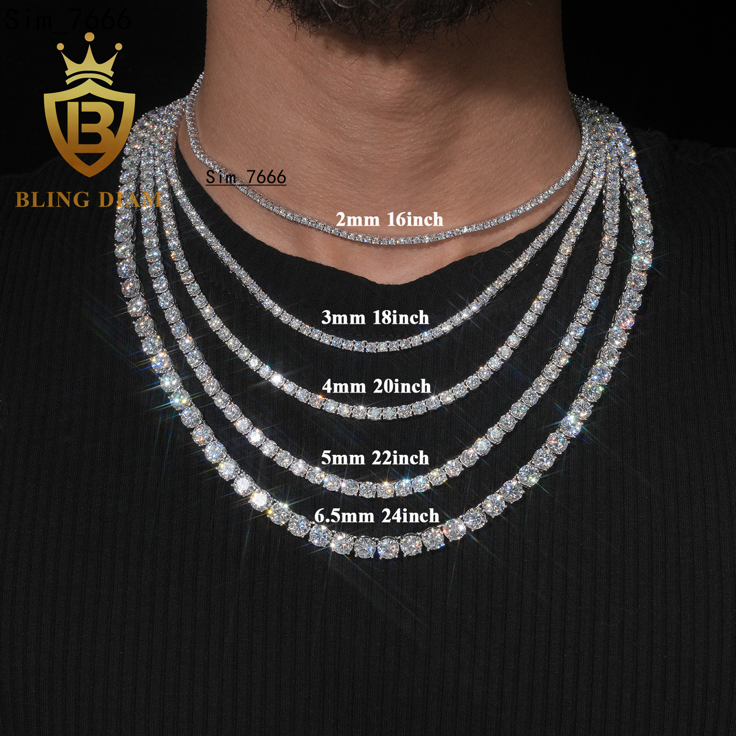 Ready Shipping 2mm 3mm 4mm Moissanite Tennis Chain 925 Sterling Silver Hip Hop Tennis Chain Necklace Rapper Jewelry