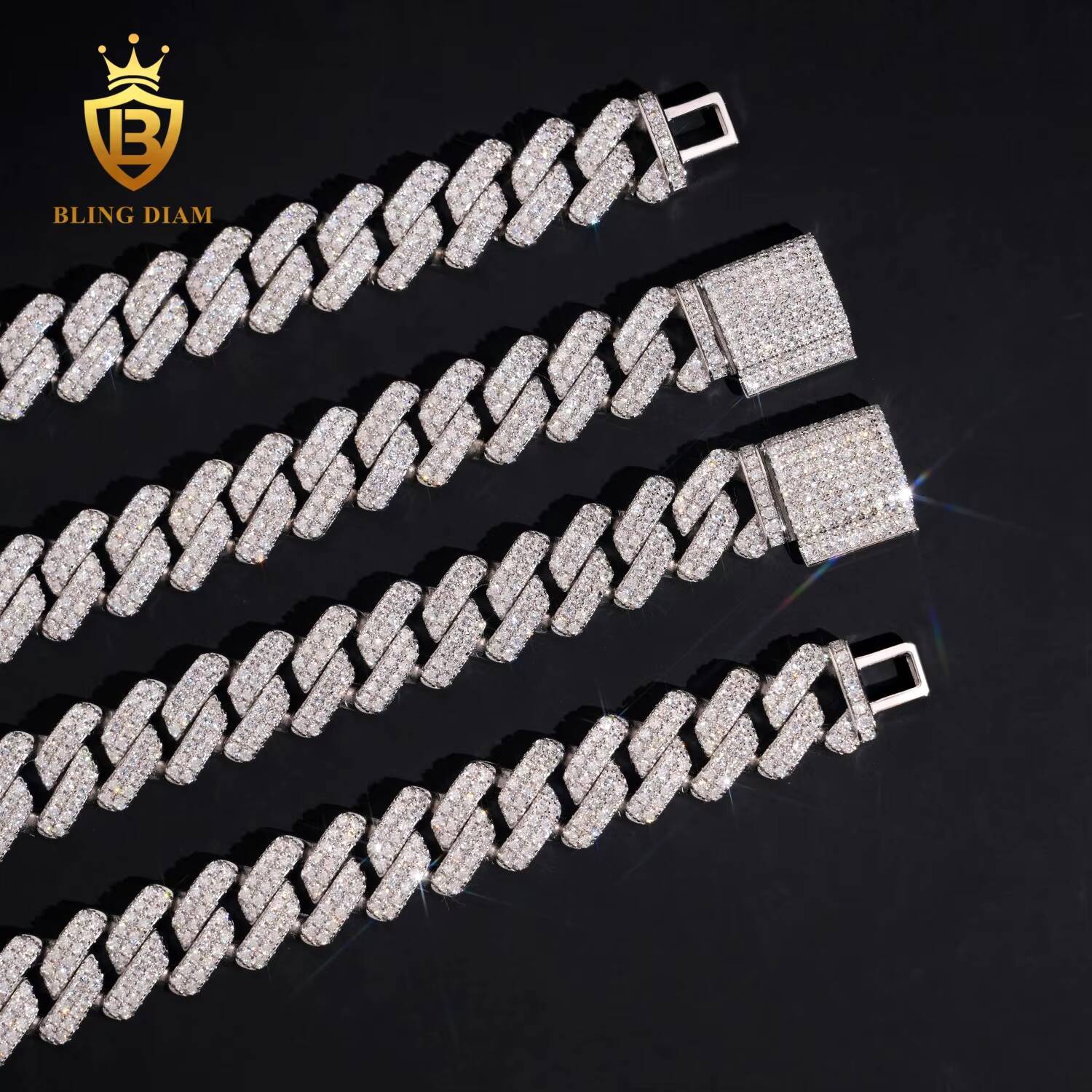 Fashion Male Necklaces 14mm Two Rows Iced Out Hip Hop 925 Sterling Silver VVS Moissanite Miami Cuban Link Chain