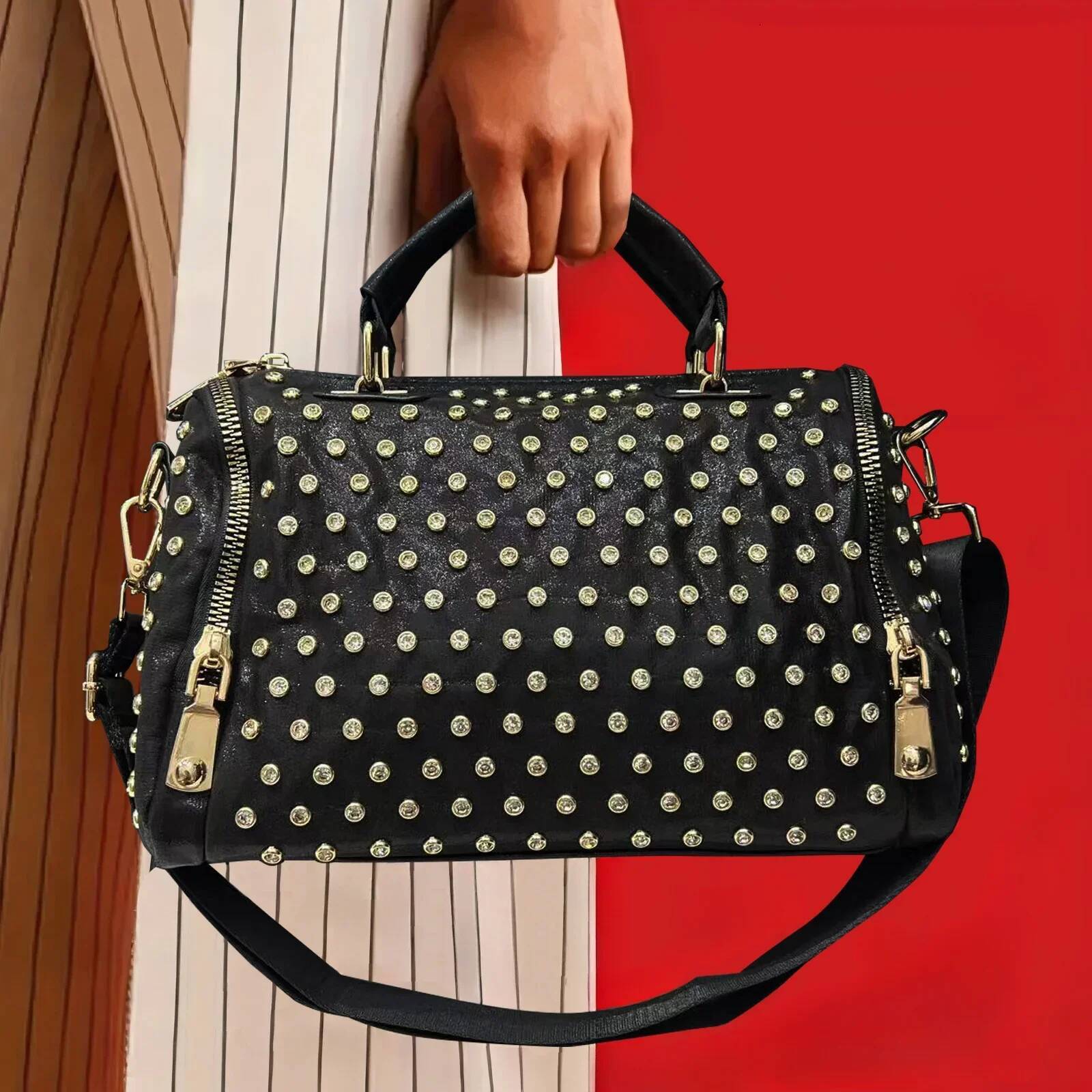 Ladies' Fashionable Gorgeous Studded Nylon Tote With Leopard Pattern And Full Dia Cylindrical Rhinestone Bag