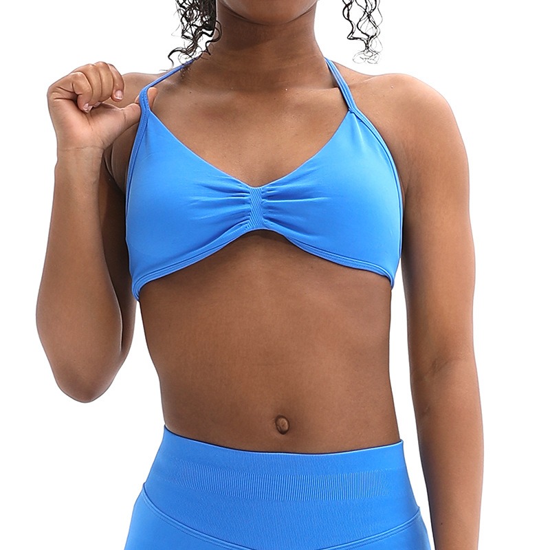 High Stretch Matte Nylon Yoga Halter Sports Bra Ruched Beautiful Back Workout Bra Women