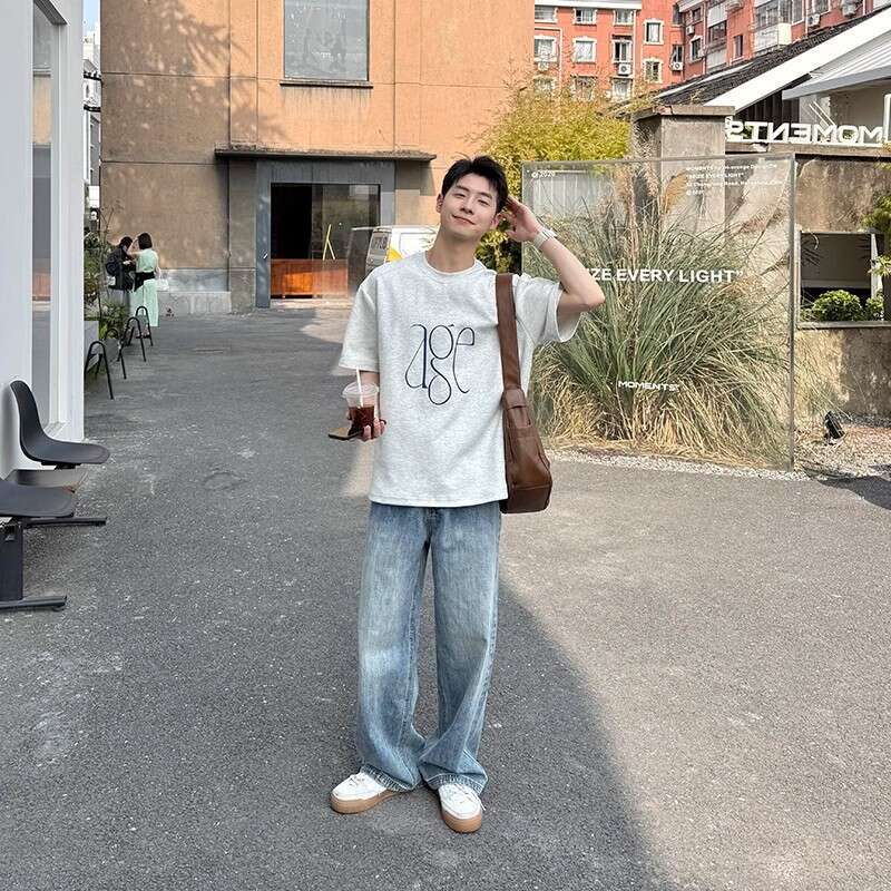 American Style Washed Blue Straight Loose Jeans Summer Men New Long Pants Casual Versatile Simple Trendy B5