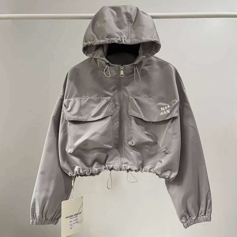 Autumn Oversized Cargo Hooded Windbreaker Black Short Cropped Zipper Outdoor Jackets Outwear Bomber Coat Khaki