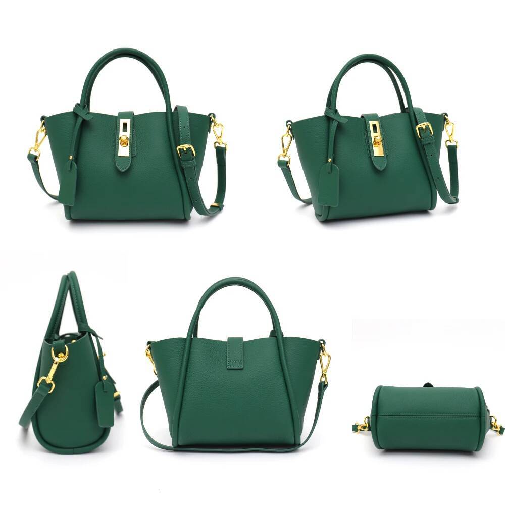 SC Fashion Women Genuine Leather Top-Handle Bags Twist Lock Bucket Tote Handbags Ladies Cross Body Shoulder Purses Chic