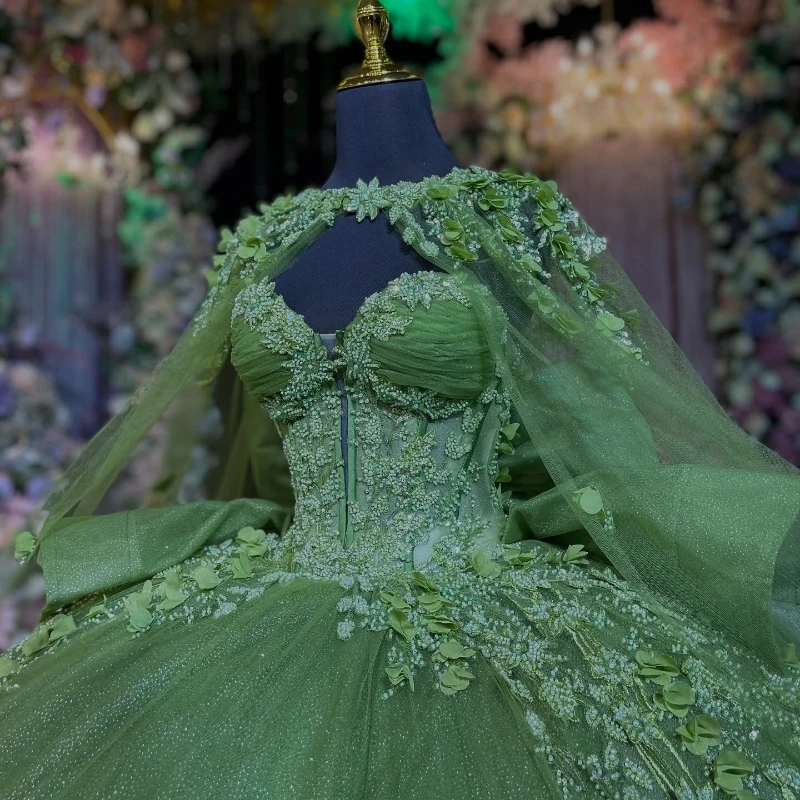 Green Shiny Princess Sweet 16 Dress Quinceanera Dresses Off The Shoulder Sequin Applique Beading Bow Tull With Cape Party Birthday Vestdos 15 Anos