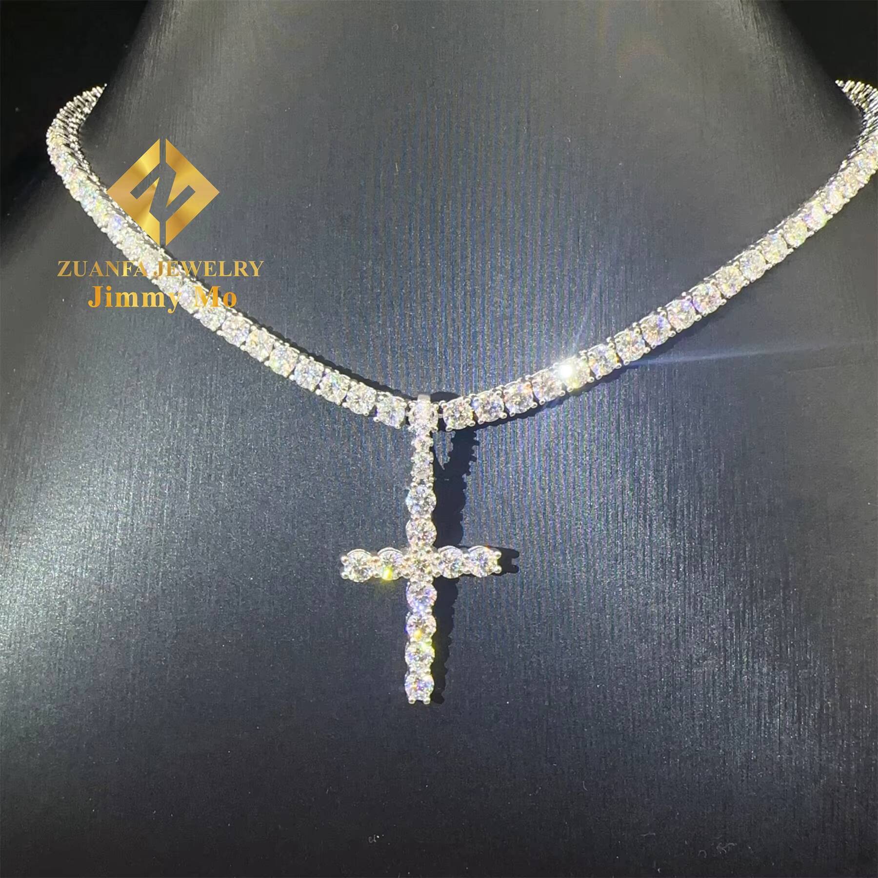Pass Diamond Tester Iced Out Fire Jewelry 925 Sterling Silver VVS1 Moissanite Diamond Cross Pendant Necklace Set