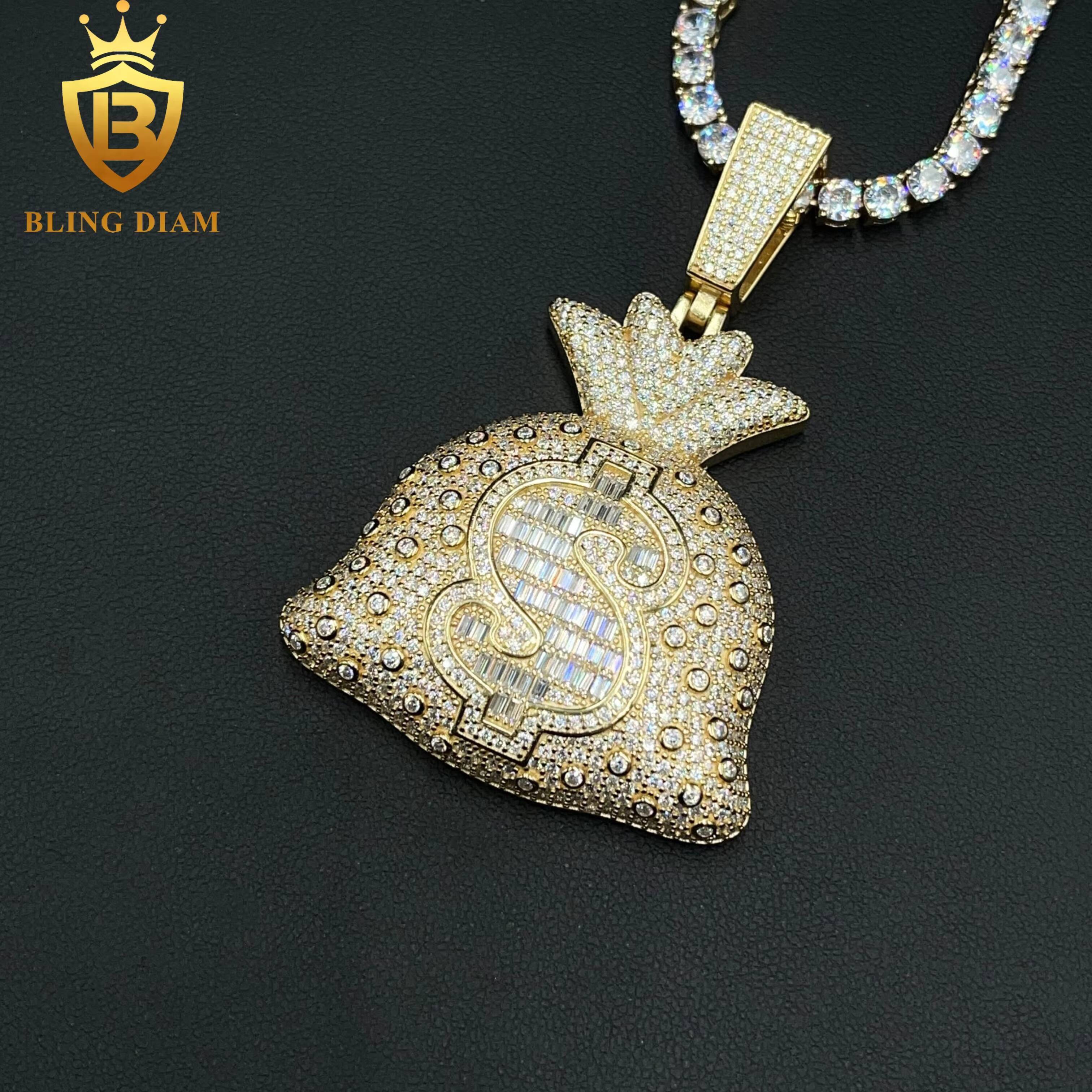 Hip Hop Rapper Style Jewelry 925 Sterling Silver VVS Moissanite Charm Money Bag Custom Pendants