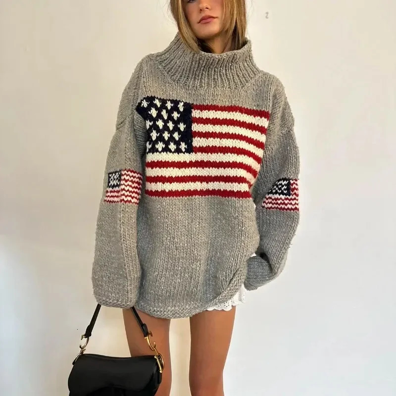 Retro Womens US Flag Long sleeved Pullover Sweater Knitted High Neck Large Y2K Sweater Retro Sweater Warm 250808