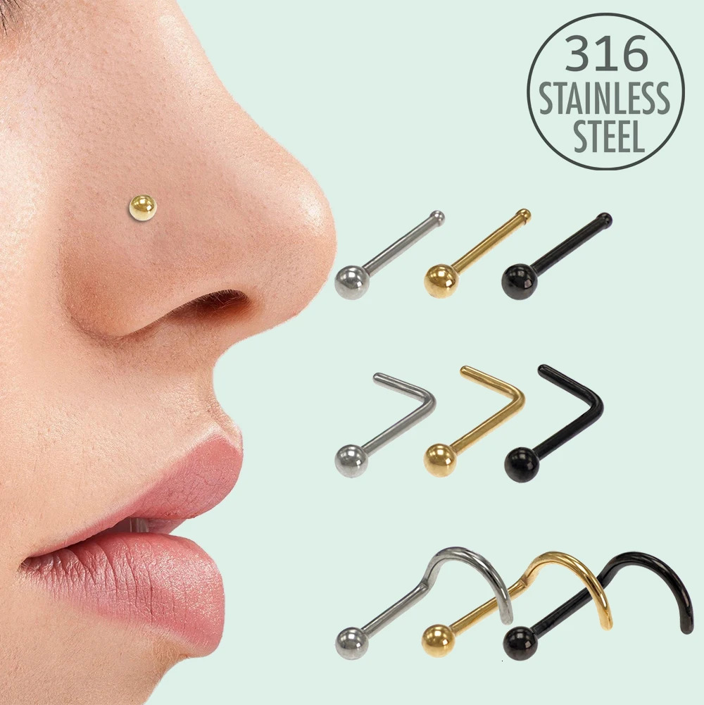 10Pcs Nose Rings Set for Women Screw Bend Bone Nostril Stud Piercings Jewelry 316 Stainless Steel 0.8mm 1.0mm 18g 20g 250807