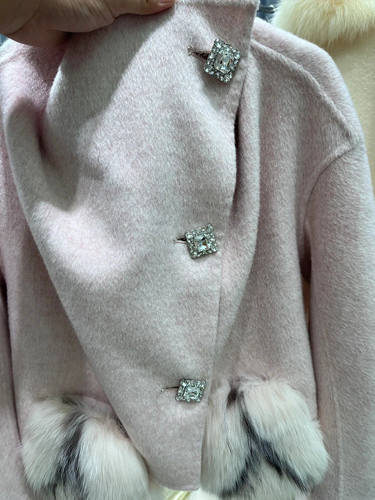 Winter Cashmere Wool Woolen Jacket Fur Coat Women Natural Fox Fur Pocket Ladies Outerwear Female Coat 250811
