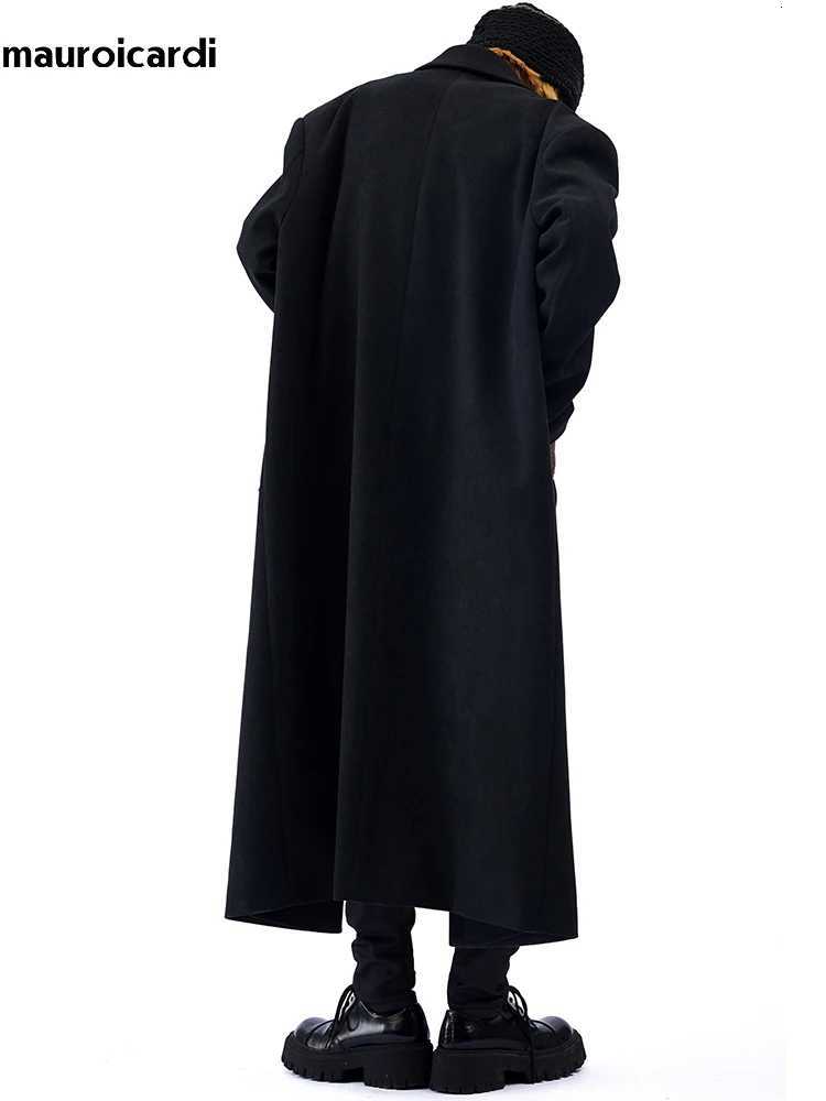 Mauroicardi Autumn Winter Long Oversized Black Woolen Trench Coat Men Shoulder Pads Single Breasted Luxury Cocoon Overcoat 2022 W250815
